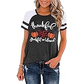 Thankful Grateful Blessed Shirts Women Thanksgiving Pumpkin T-Shirt Raglan Short Sleeve Fall Tshirts