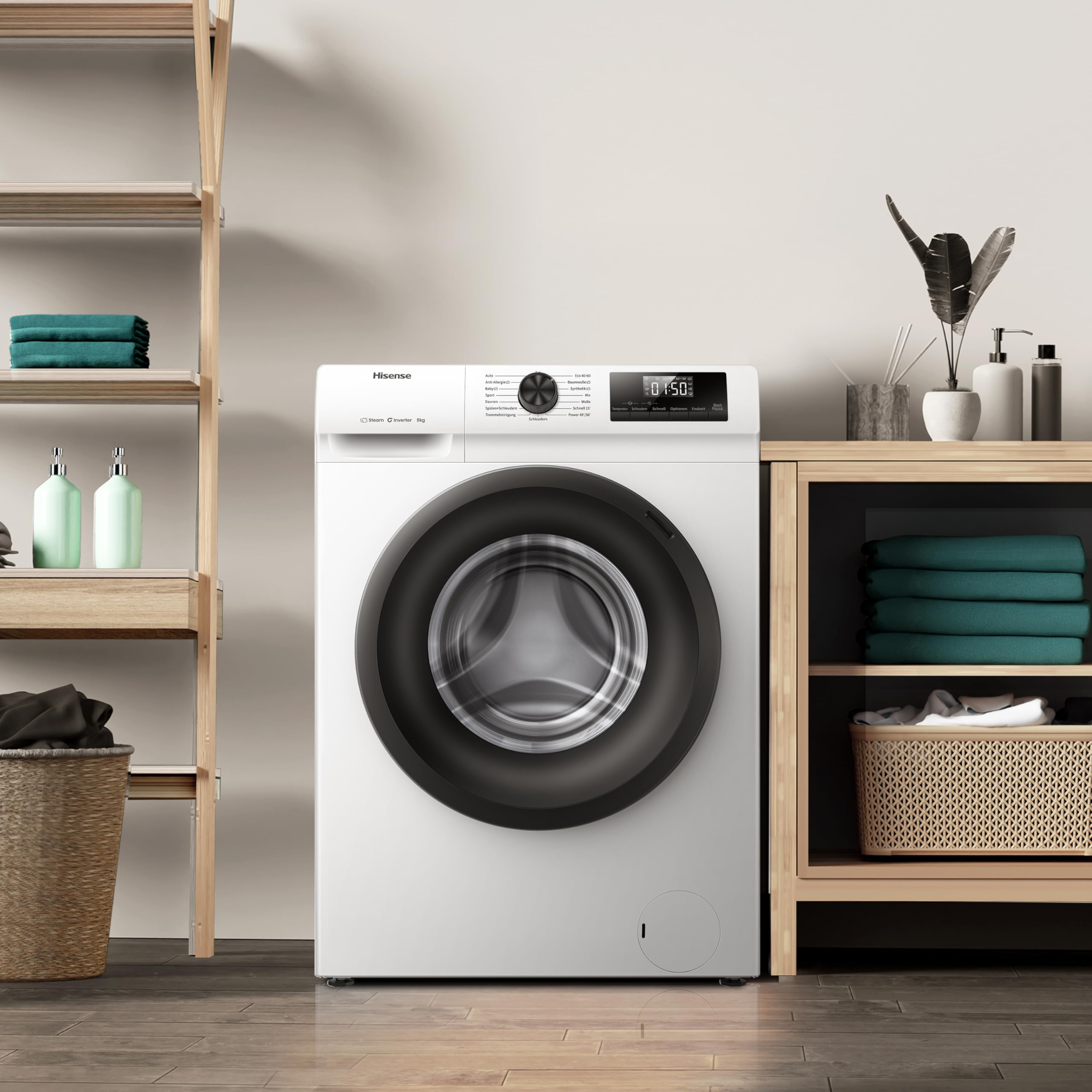 Hisense WF1Q8041BW Waschmaschine mit Dampffunktion /8KG /1400 U/Min /15 Programme/Anti-Allergie Programm/Baby-Wäsche/AutoWash/QuickWash/Daunen/Eco/Power 49' / Verzögertes Ende/EEK: A/Weiß 9