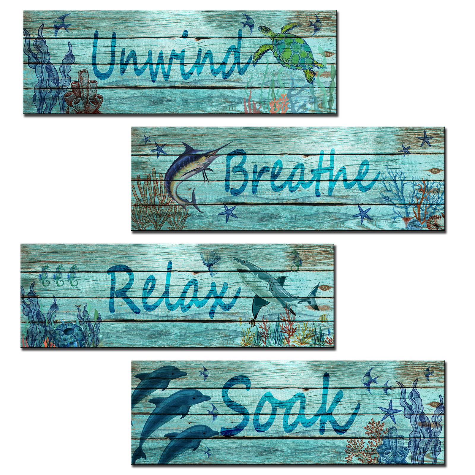 Underwater World Wooden Sign 4 Pieces Ocean Bathroom Decor Relax Soak Unwind Breathe Wall Decor Tropical Fish Wood Plaque Coral Reef Artwork Shark Dolphin Wall Art Kitchen Home Decor (Teal Blue)