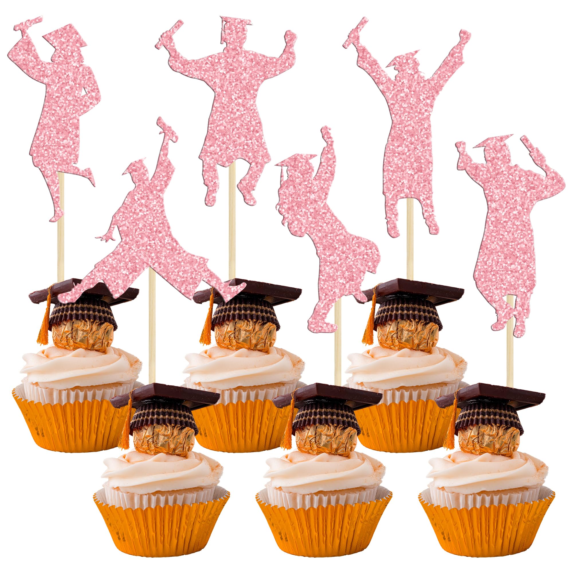 Gyufise 24Pcs 2026 Student Graduation Cupcake Toppers Glitter Class of 2026 Boys Girls Graduate Cap Cupcake Picks for 2026 Graduation Theme Party Cake Decorations Supplies Pink — image 1