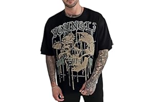 AuriksaLith Men’s Oversized Skull Graphic T-Shirt Vintage Wash Streetwear Tee for Gym Running Casual Drop-Shoulder