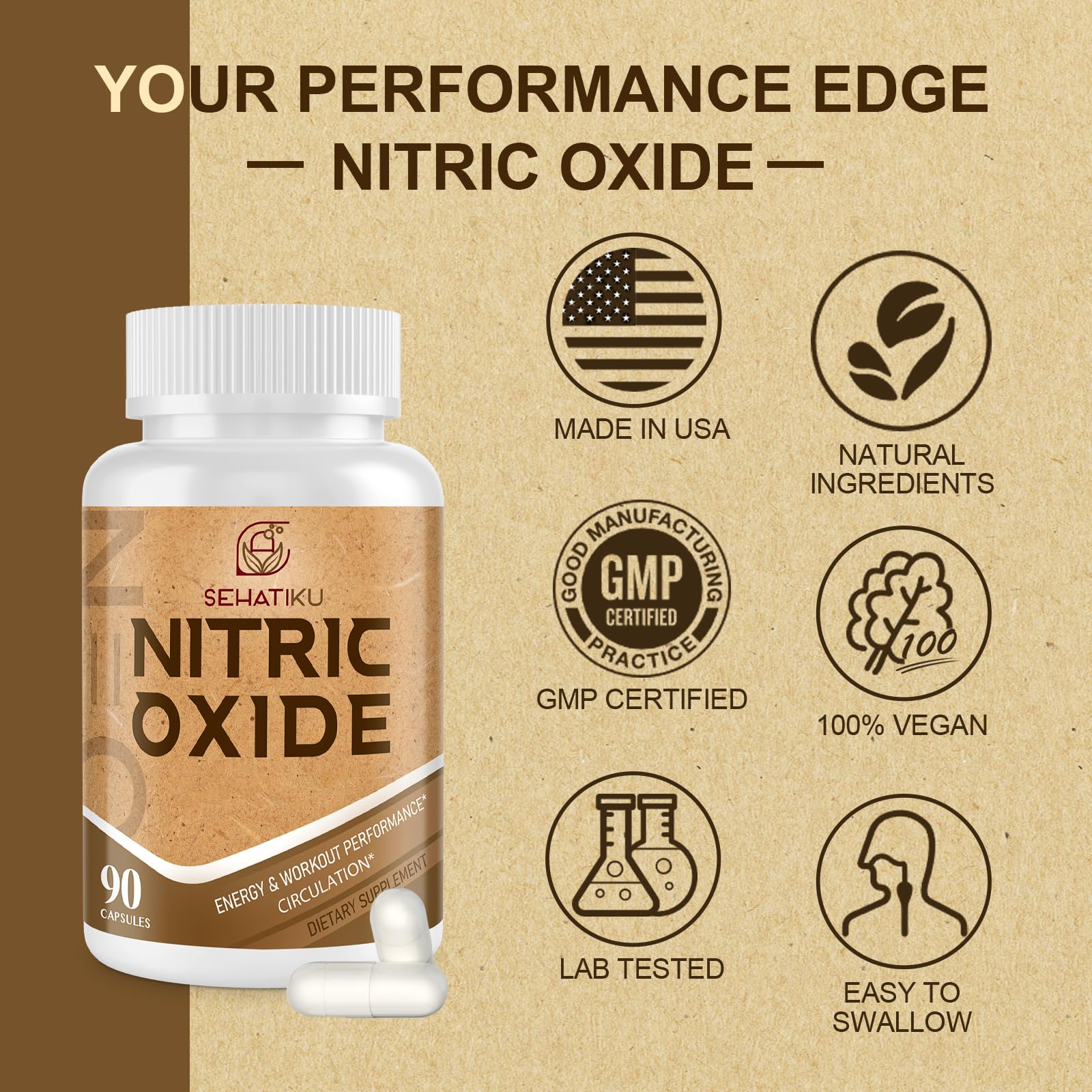 SehatiKu Nitric Oxide Supplement, Nitric Oxide Booster & 6-in-1 Phytonutrient Blend for Heart, Flow, Immune - 90 Capsules (1 Bottle)