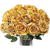 Veryhome 10 Pcs Artificial Gold Flowers Silk Roses Real Touch Bridal Wedding Bouquet Gold Rose for Christmas Home Garden Party Floral Decor