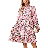 Kormei Women's Long Sleeve Boho Floral Ruffle Mock Neck Tiered Mini Babydoll Casual Swing Tunic Shift Dress