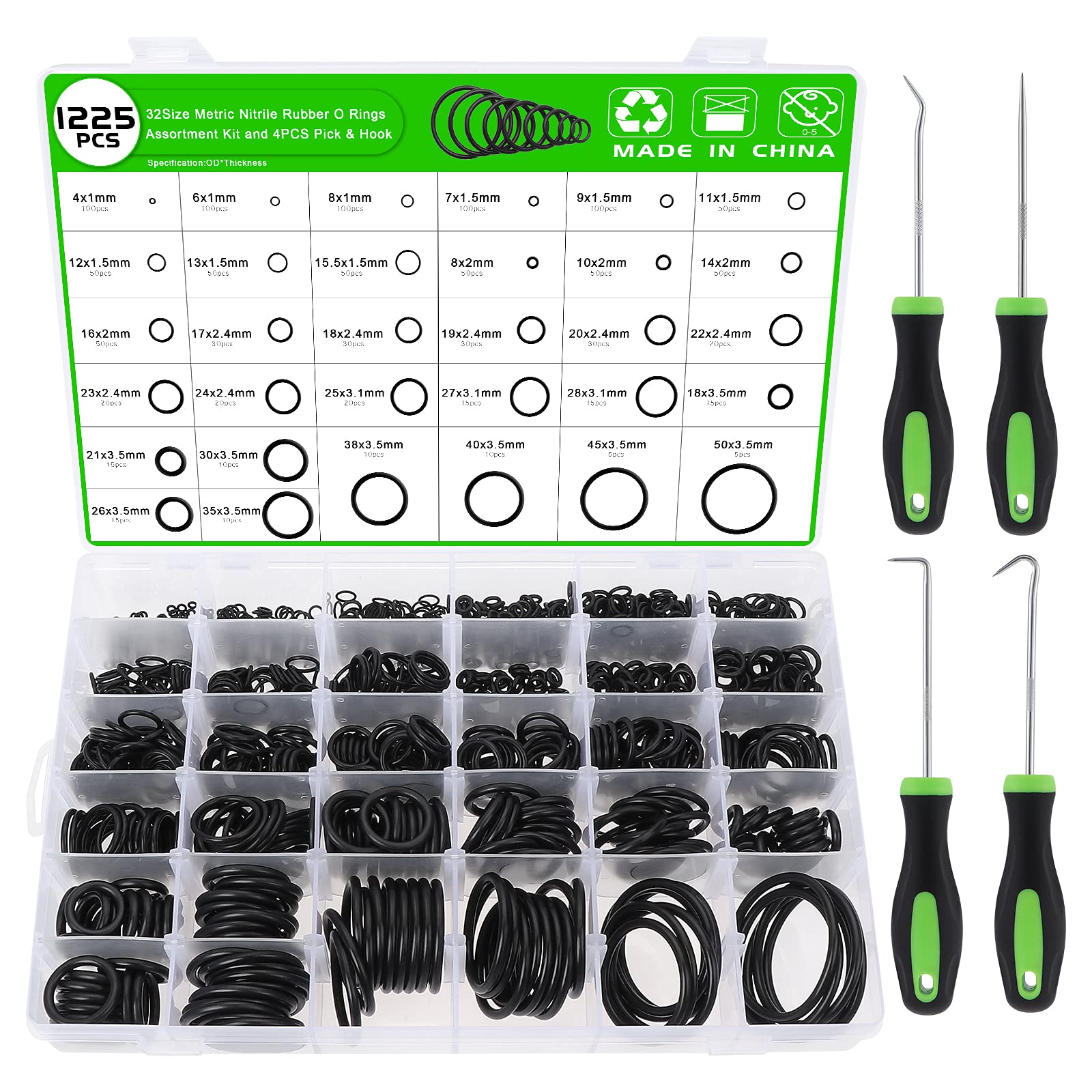 Knpwer 1225 PCS 32 Sizes Rubber O-Ring Sealing Gasket Rings Washer Seal Assortment Set,Assorted O-Ring Seal Tool for Machine Repair and Secure Seals with 4 Pick & Hook (1225)