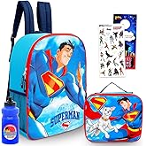 DC Comics Superman Backpack with Lunch Box Set - Bundle with 16” Superhero School Bag, Lunch Box, Water Bottle, Stickers, More | Superman Backpack for Boys, Kids