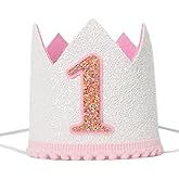 PQQIEE Pink Glitter First Birthday Crown,Baby Girl's 1st Birthday Princess Tiara,1st Birthday Party Hat For Girls,Pink White Mini Crown Headband,Handmade Sequin Crown For Baby's First Birthday