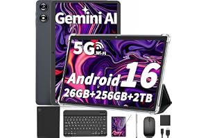 Android Tablet 10 inch, 2026 Android 16 Tablet with Keyboard, 26GB+256GB (2TB Expand), Gemini AI Tablet with 8-Core, 8000mAh, 5G WiFi, Widevine L1, 2 in 1 Tablets PC with Case/Mouse/Stylus-Black Case