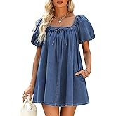 POTILI Denim Dress for Women, Puff Short Sleeve Jean Dress Square Neck Denim Romper with Pockets