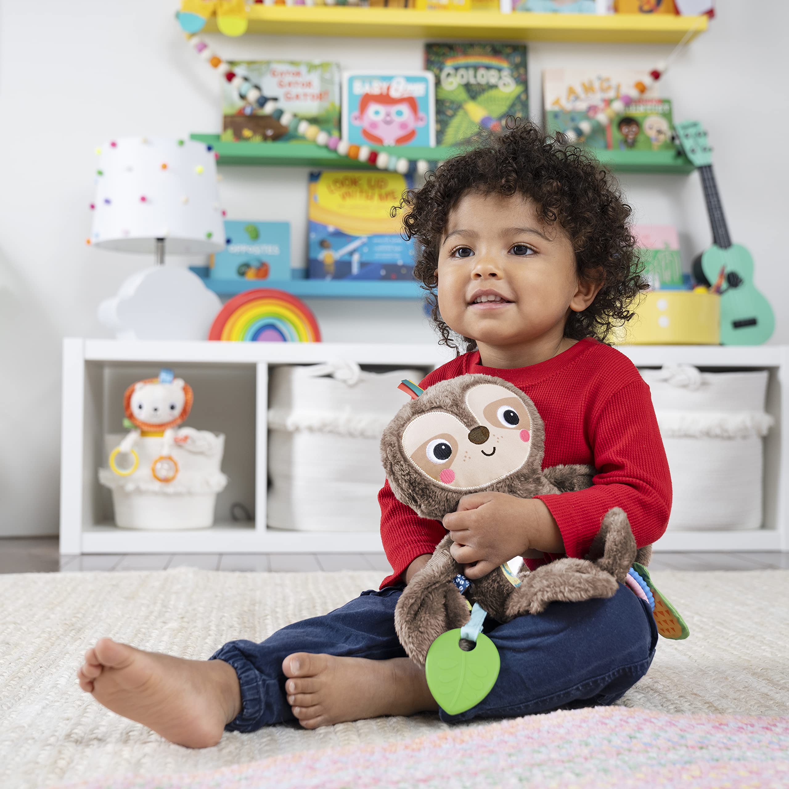 Bright Starts Slingin’ Sloth Travel Buddy Plush Stuffed Animal Take-Along Stroller or Carrier Toy, Ages 0 Month+