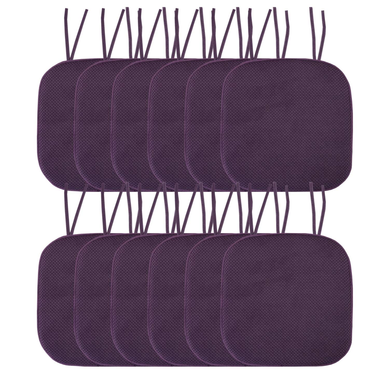 Sweet Home Collection Chair Cushion Memory Foam Pads with Ties Honeycomb Pattern Slip Non Skid Rubber Back Rounded Square 16″ x 16″ Seat Cover, 12 Pack, Eggplant Purple 12 Pack