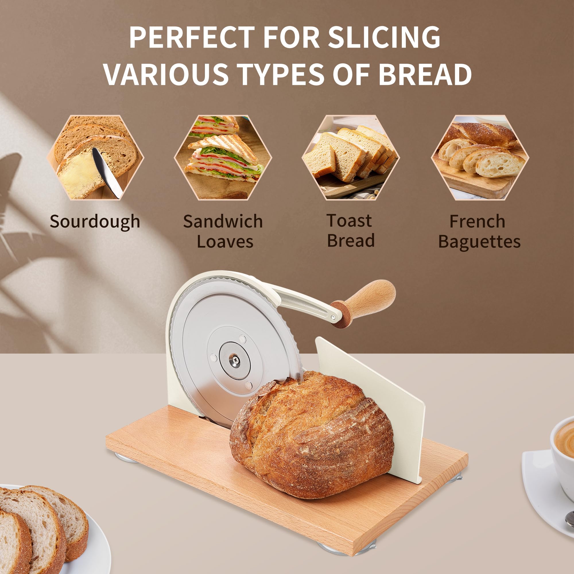 CAWIU Upgraded Manual Bread Slicer for Homemade Sourdough, Adjustable Thickness Hand Crank Bread Cutter with Stainless Steel Blade, Slicing Guide, Suction Cups & Protective Cover (Cream)