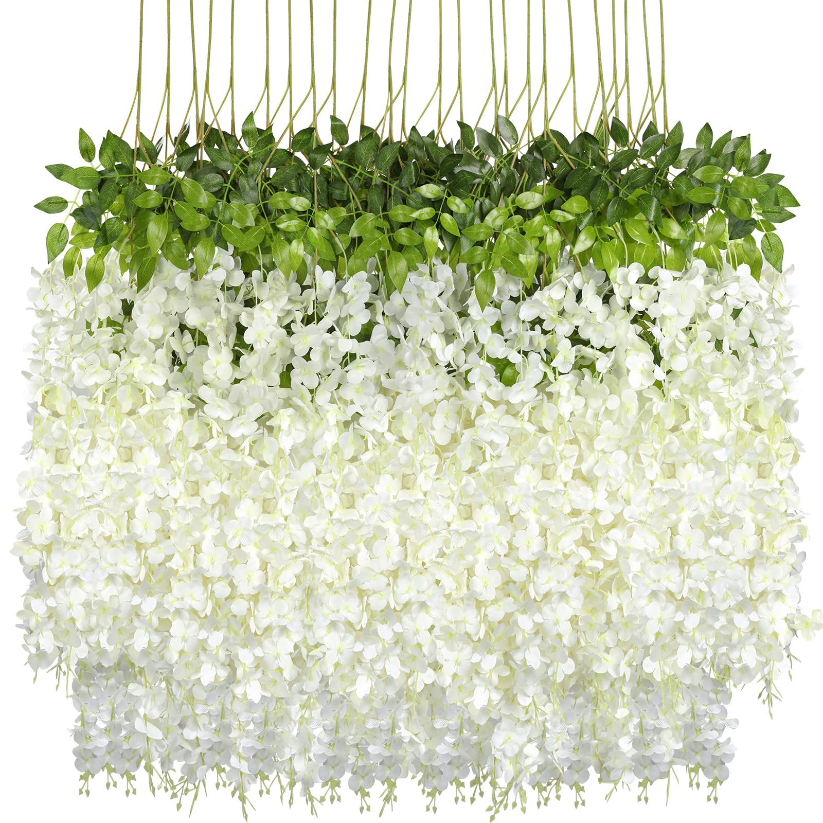 Photo 1 of Pauwer Wisteria Hanging Flowers 24 Pack Fake Flower Garland Artificial Wisteria Vines Rattan Silk Flower String Wedding Party Wall Decorations,White