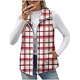 Fashion Plaid Vests for Women:Casual Zip up Lightweight Collared Sleeveless Jackets with Pockets Fall Winter Outfits