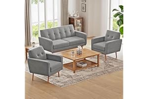 HUIMO Living Room Set, Button Tufted Living Room Furniture Sets, Upholstered Modern Couch Set with Solid Frame, Deep Seat Sofa Set for Living Room, Office (Dark Grey, 3 Piece Set-1*loveseat+2*Chair)