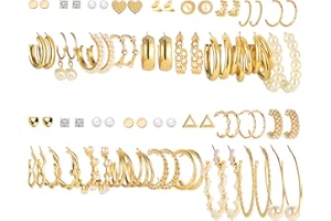 FAXHION 36 Pairs Gold Earrings Set for Women, Fashion Pearl Chain Link Stud Drop Dangle Earrings Multipack Hoop Earring Packs, Hypoallergenic Earrings for Birthday Party Jewelry