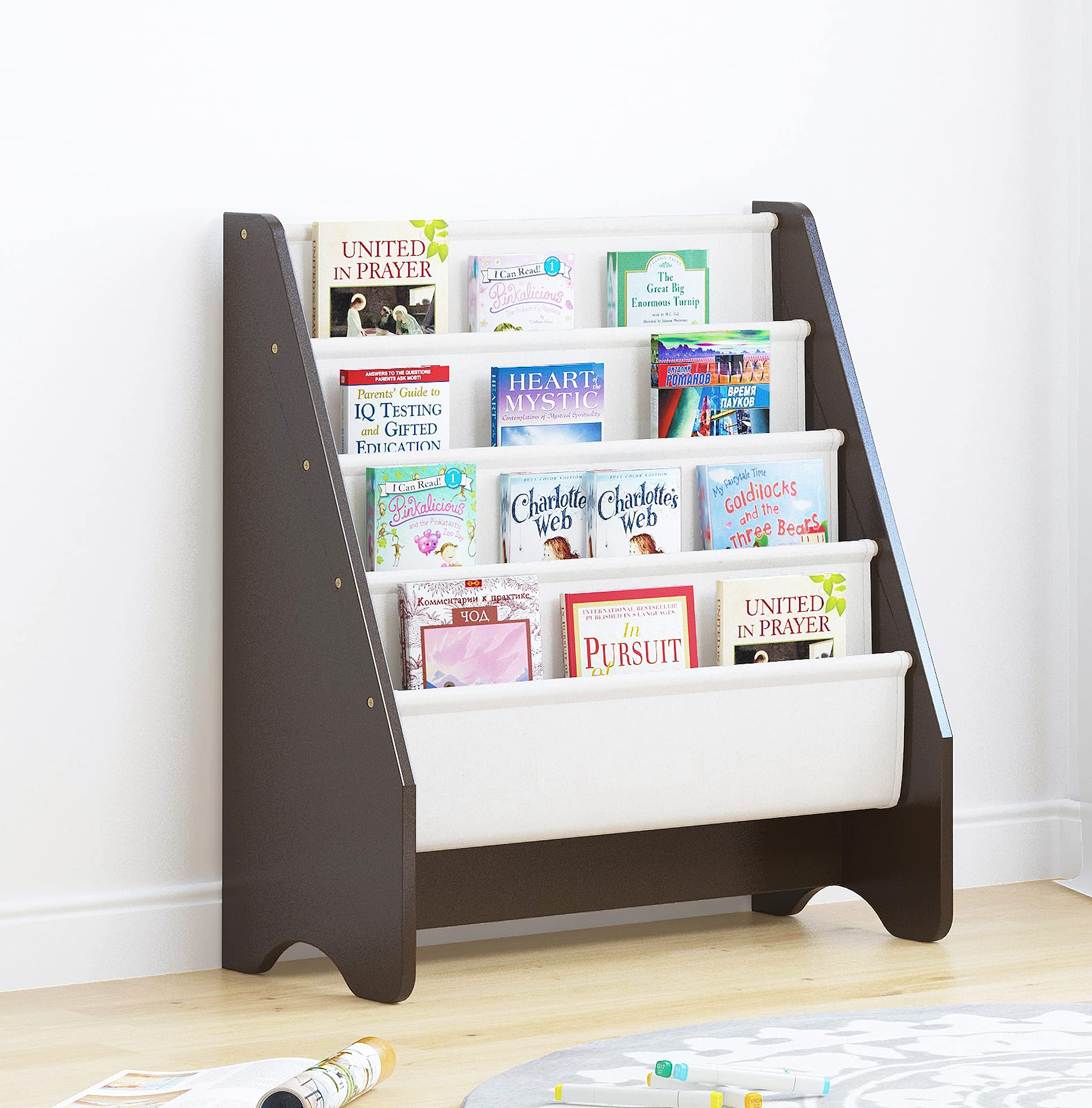 UTEX Kids Sling Bookshelf, Magazine Rack - Book Rack For Kids,Book Organizer (Espresso)