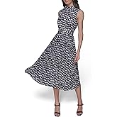 Karl Lagerfeld Womens Printed Belted Sleeveless Midi Dress