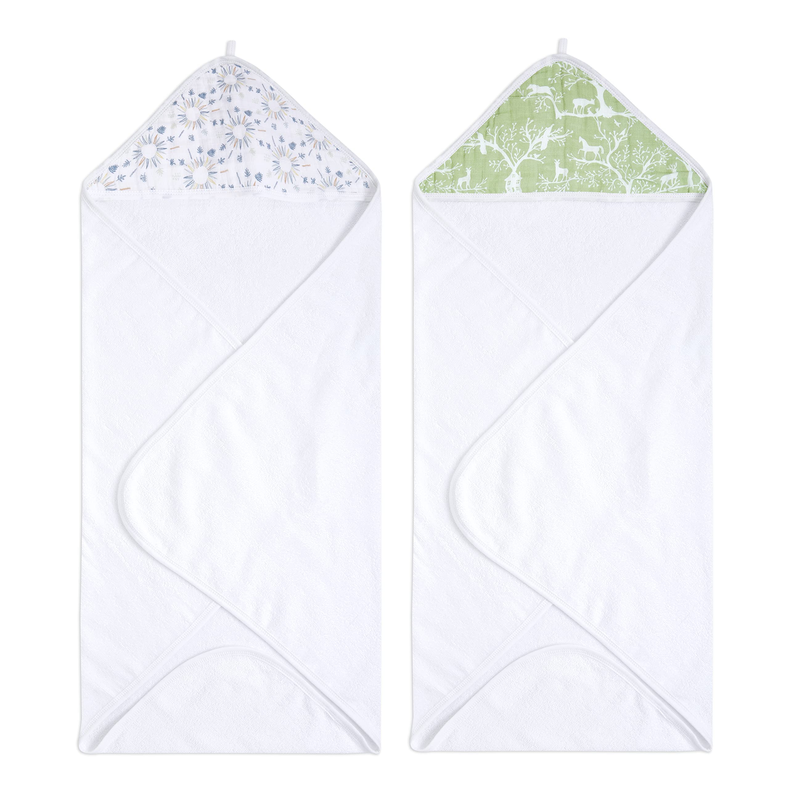 aden + anais harmony Hooded Towel - Pack of 2 | 100% Cotton Terry Towel with Muslin Hood, Soft Bath & Shower Wrap for Babies | nature, trees, green, forest Gift Set 76 x 76 cm AD217 — image 1