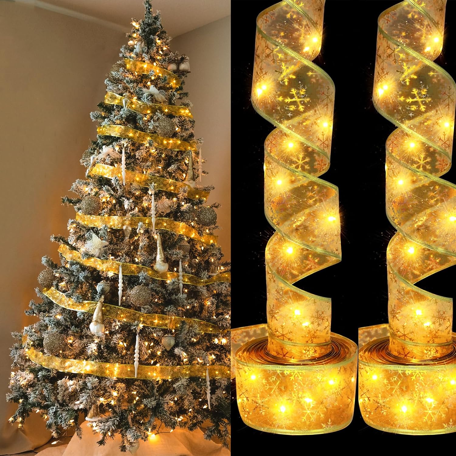 String Lights - Christmas Gold Ribbon with Lights Tree Topper Accessories Decoration 16 ft with 50 LED, Battery Operated (2 Packed)