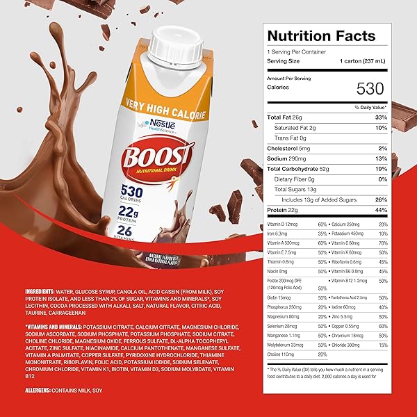 BOOST VERY HIGH CALORIE NUTRITIONAL DRINK – HELPS WEIGHT GAIN & MAINTENANCE – 530 CALORIES – 26 VITAMINS & MINERALS – 22 G PROTEIN – CALORIE-DENSE NUTRITIONAL DRINK – CHOCOLATE – 8 FL OZ (PACK OF 24)