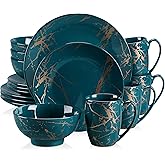 LOVECASA Porcelain Dinnerware Sets for 4, 16 PCS Plates and Bowls Set, Color Glaze with Gold Plate Dish Set, Dinner Sets with Dinner Plates, Dessert Plate, Bowls and Mugs, Dark Green