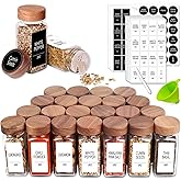 Churboro 24 Spice Jars with 547 Labels - Glass Spice Jars with Shaker Lids - 4 Oz Square Spice Containers with Acacia Wood Lids, Chalk Pen, Funnel- Seasoning Jars for Spice Rack, Cabinet, or Drawer