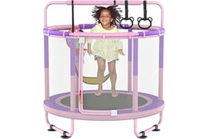 LANGXUN 60" Trampoline for Kids, 5ft Toddler Mini 6-in-1 Trampoline Indoor Outdoor with Swing, Basketball Hoop, Dart Board, Rings, Christmas Toys Birthday Gifts for Girls Boys