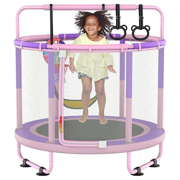 LANGXUN 60″ TRAMPOLINE FOR KIDS, 5FT TODDLER MINI 6-IN-1 TRAMPOLINE INDOOR OUTDOOR WITH SWING, BASKETBALL HOOP, DART BOARD, RINGS, CHRISTMAS TOYS BIRTHDAY GIFTS FOR GIRLS BOYS