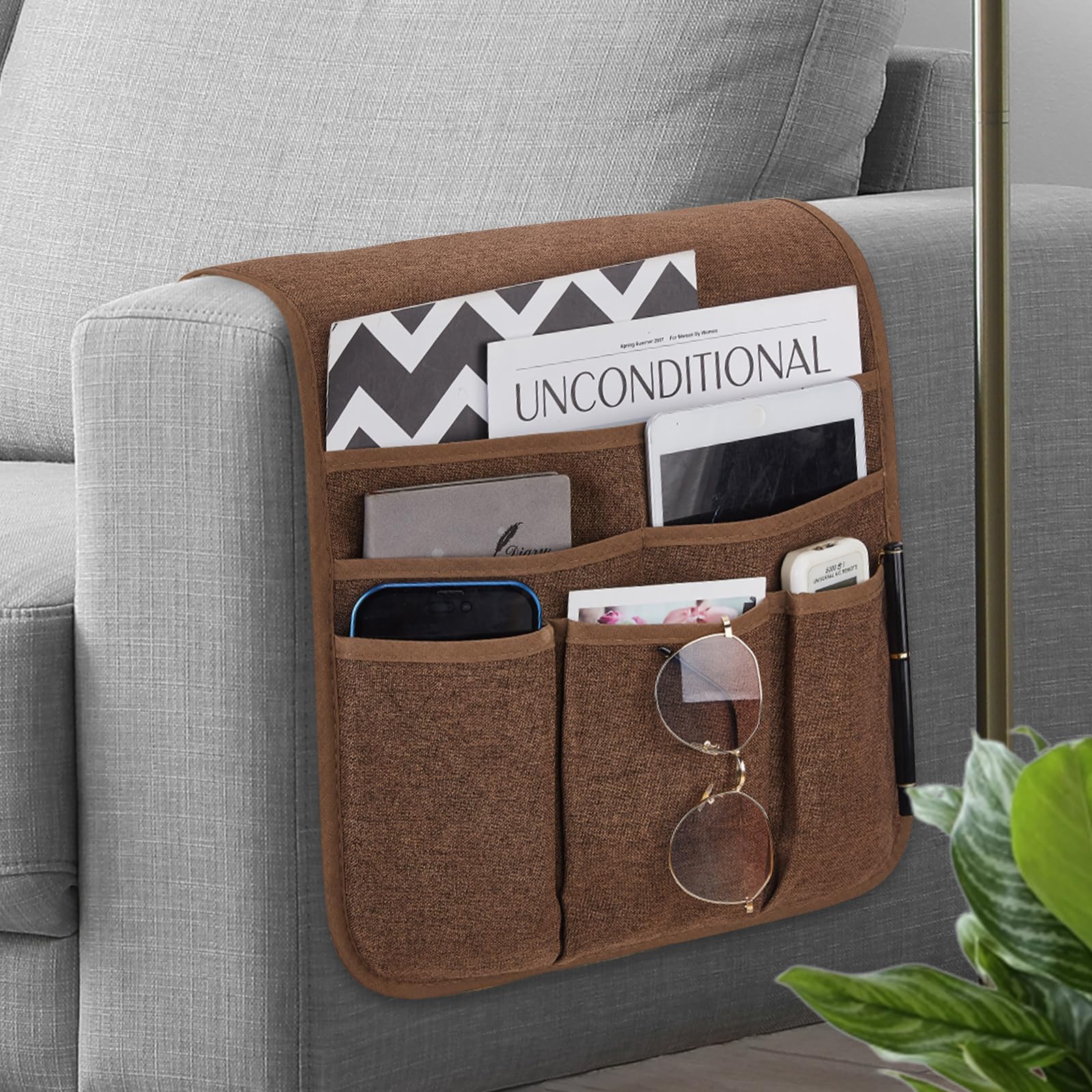 Photo 1 of Remote Control Holder Armchair Caddy for Recliner Couch, Non-Slip Armrest Organizer with 5 Pockets for Magazine, Tablet, Phone, iPad (Brown)
