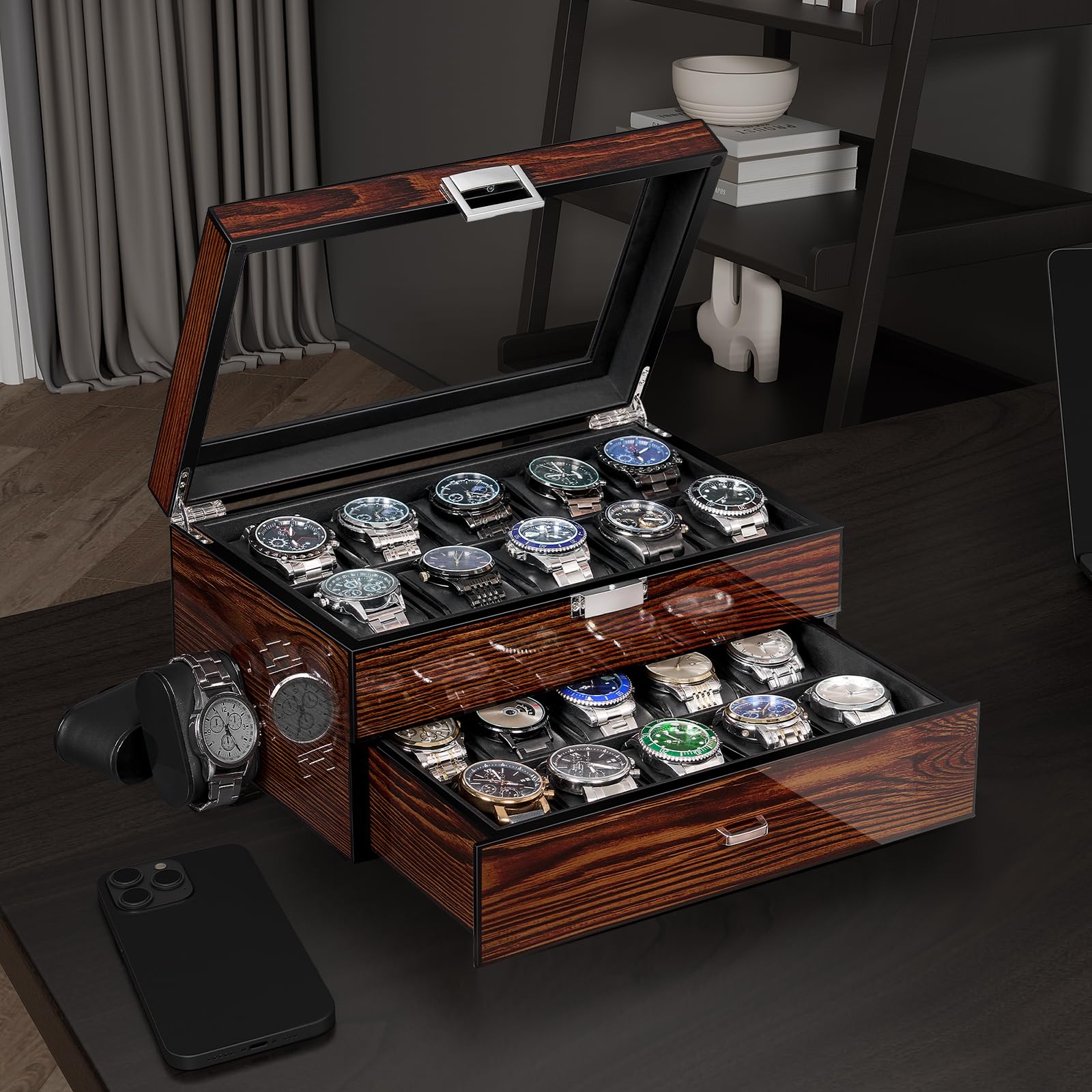 BEWISHOME BEWISHOME High-End Watch Box, 20-Slot Watch Case with Large Glass Lid, Wooden Watch Cases for Men, Watch Storage, Watch Organizer, Synthetic Leather Interior, Brown SSH04Y