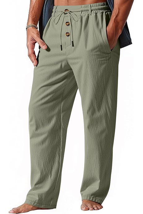 AUDATE Pantalones De Lino Para Hombre, Pantalones Largos Y Anchos Con Cremallera, Pantalones De Playa Con Cordón Y Bolsillos, Blanco