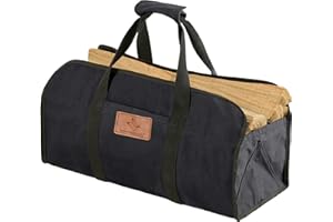 WHITEDUCK TUFF Large Firewood Carrier 21 Oz. Heavy Duty Waxed Canvas Log Carrier Holder for Fireplace, Carrying Wood Indoor & Outdoor (Black, Tote Shape (23"x10"x12"))