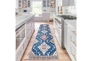 Lansny Blue Boho Runner Rug 2.6x8 Washable Long Hallway Runner Non Slip Soft Oriental Vintage Carpet Moroccan Rug for Entryway Kitchen Bathroom Bedroom Bedside Indoor Home Decor Flower