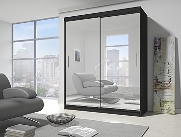 Sliding Door Mirrored Wardrobe With Full Length Mirror In Black