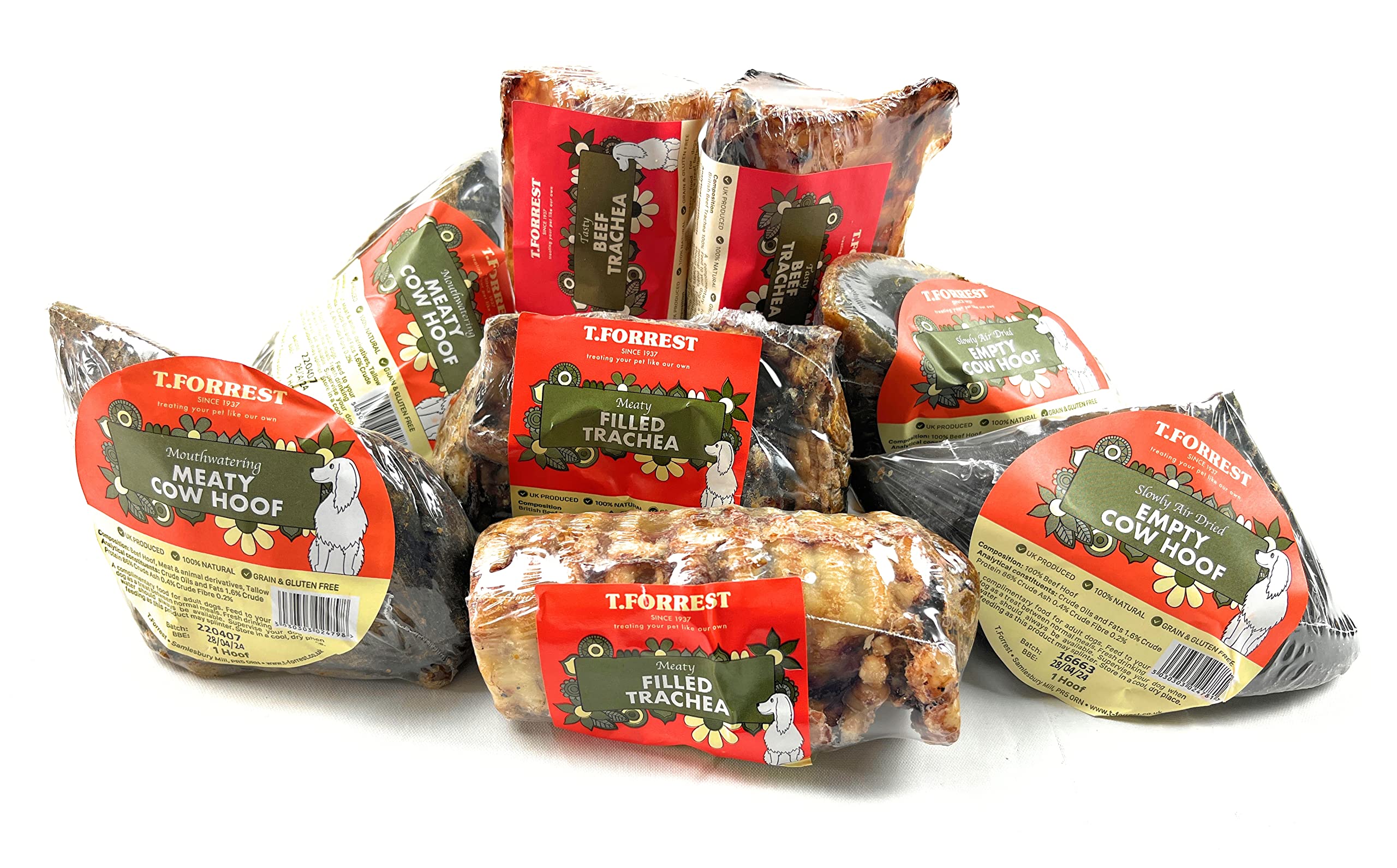T forrest 8 x 100% Natural, Air Dried Mixed Dog Treats - 2 x Meaty Filled Cow Hooves, 2 x Empty Cow Hooves, 2 x Meaty Filled Tracheas, 2 x Beef Tracheas - Produced in UK (Assorted - 2 x each treat)
