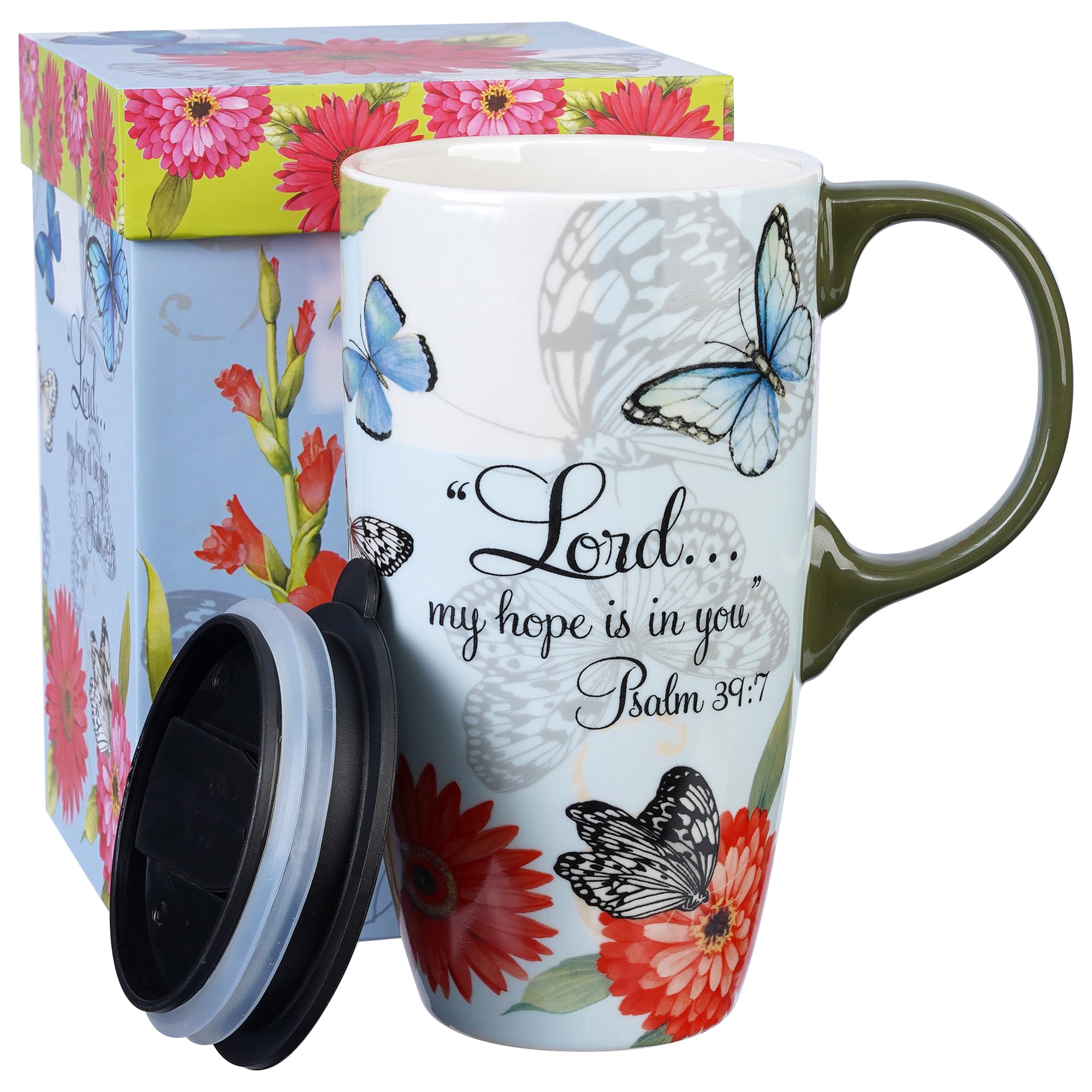DUSVALLY 17oz Ceramic Coffee Mug with Lid, Floral Butterfly Porcelain Cup for Latte, Tea & Cocoa with Gift Box