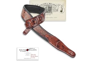 Walker & Williams GB-101 Bourbon Brown Handmade Padded Leather Strap Classic Live Oak Pattern For Acoustic, Electric, And Bass Guitars