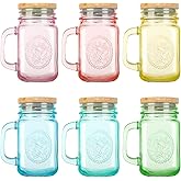 Liyauui 16 oz Glasses Cups Set - 6 Pack Wide Mouth Tumbler with Leakproof Bamboo Lids & Metal Straws, Colorful Jar drinking Glasses Tumblers with Handle for Iced Coffee, Juice and Smoothie