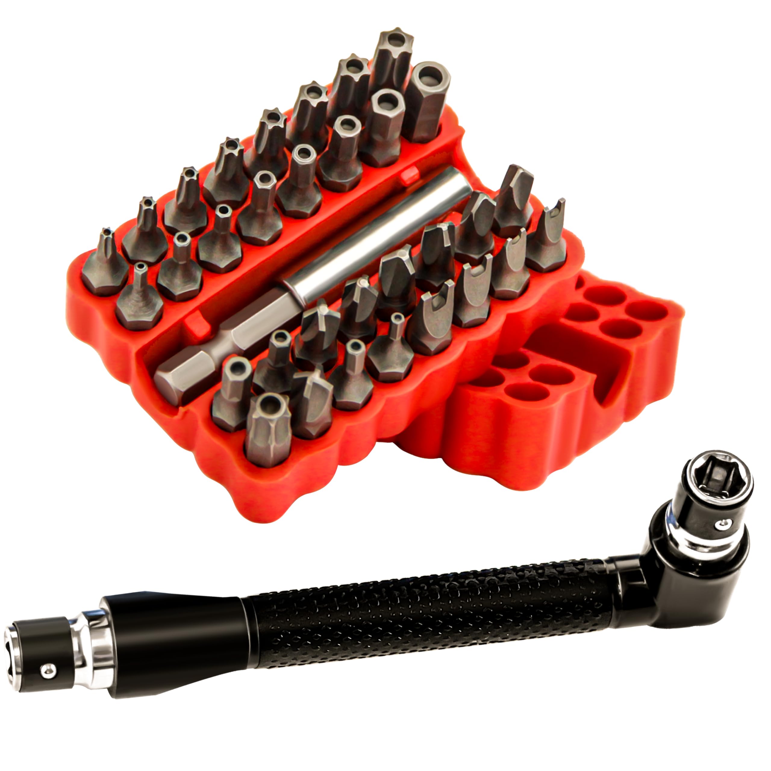 Photo 1 of 34pcs Security Bit Set 1/4 Inch Hex Shank Screwdriver Bit Set,Tamper Proof Bits-Torx+Hex+Tri Wing+Star+Spanner for Torx Security Screwdriver Set,High Hardness Impact Driver Bit Set(Red+Wrench)