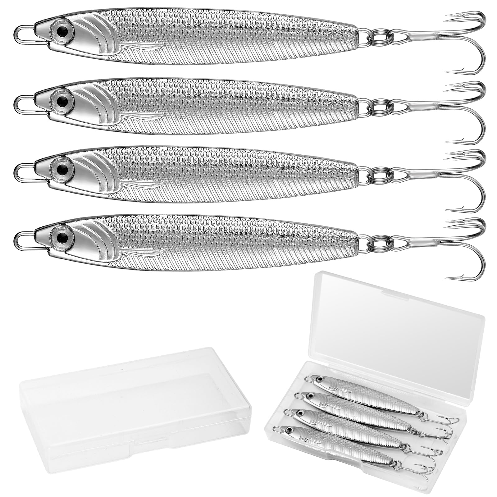 Annyswit 4 Pcs Metal Sea Fishing Lures with Trebles Hooks Silver Minnow Spoon Lures 20g 30g 40g Pike Sea Fishing Tackle Metal Jigs for Mackerel & Cod & Bass & Freshwater Angling