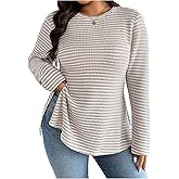 WDIRARA Women's Plus Size Striped T Shirts Crew Neck Long Sleeve Split Side Tee Knit Tops