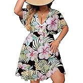SWOMOG Plus Size Women Swimsuit Cover Up V Neck Short Sleeve Beachwear Bikini Bathing Suit Cover Summer Beach Dress