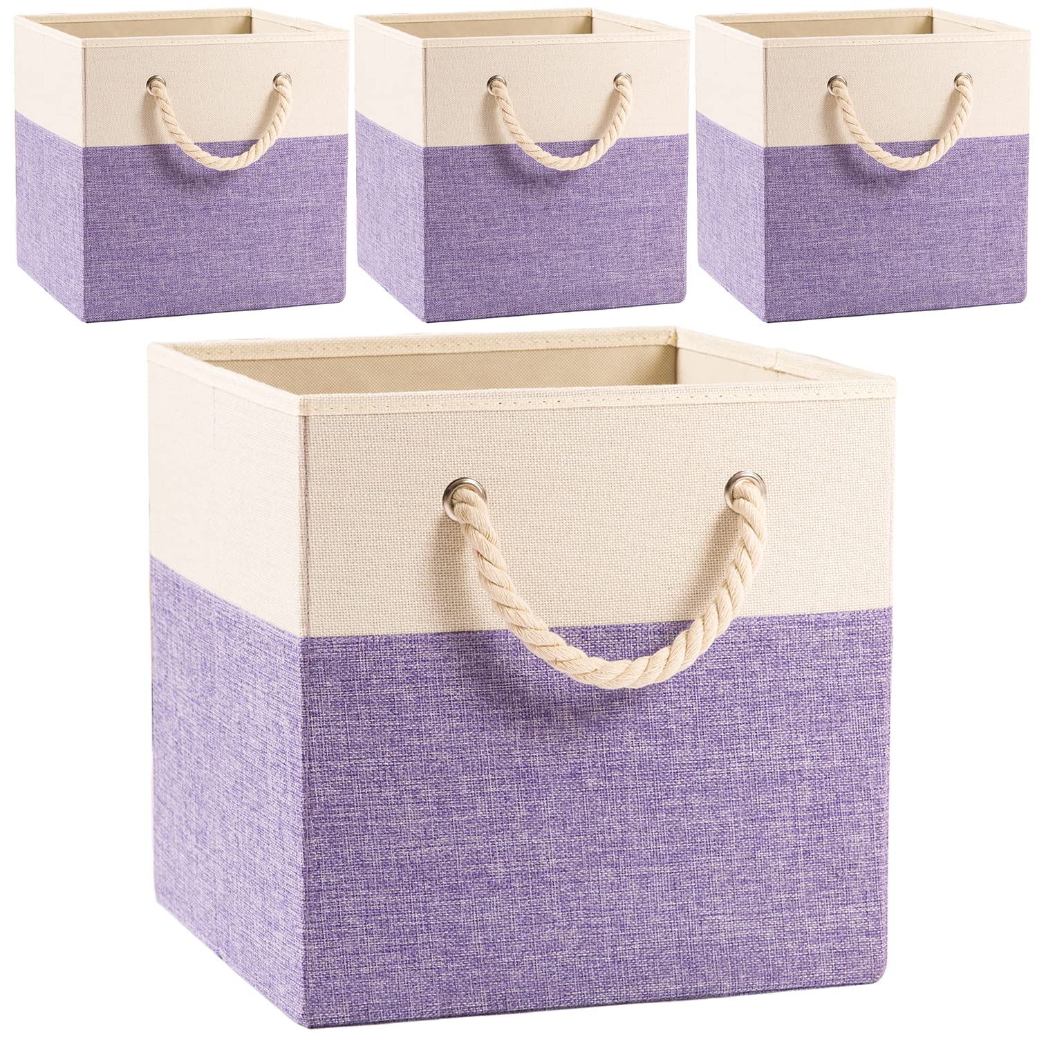 Prandom Foldable Cube Storage Bins 28x28x28cm [4-Pack] Fabric Linen Storage Baskets Cubes Drawer with Cotton Handles Organizer for Shelves Closet Bedroom Purple