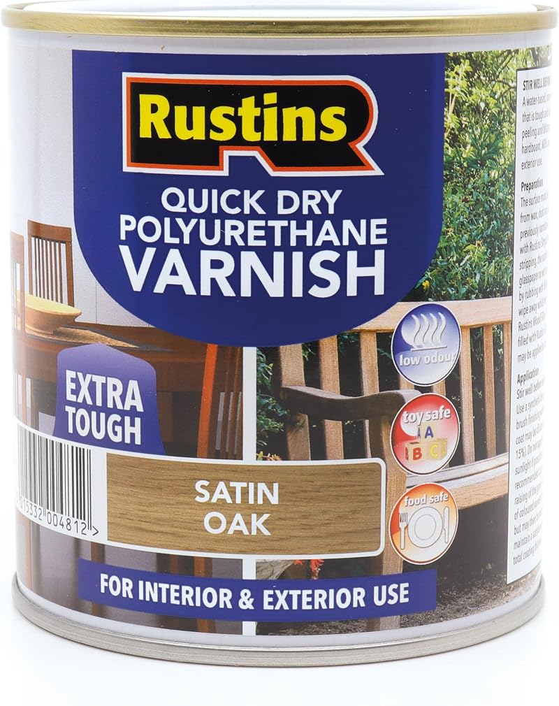 Rustins Quick Dry Poly Varnish Satin Oak 500ml - Water Based Interior Finish