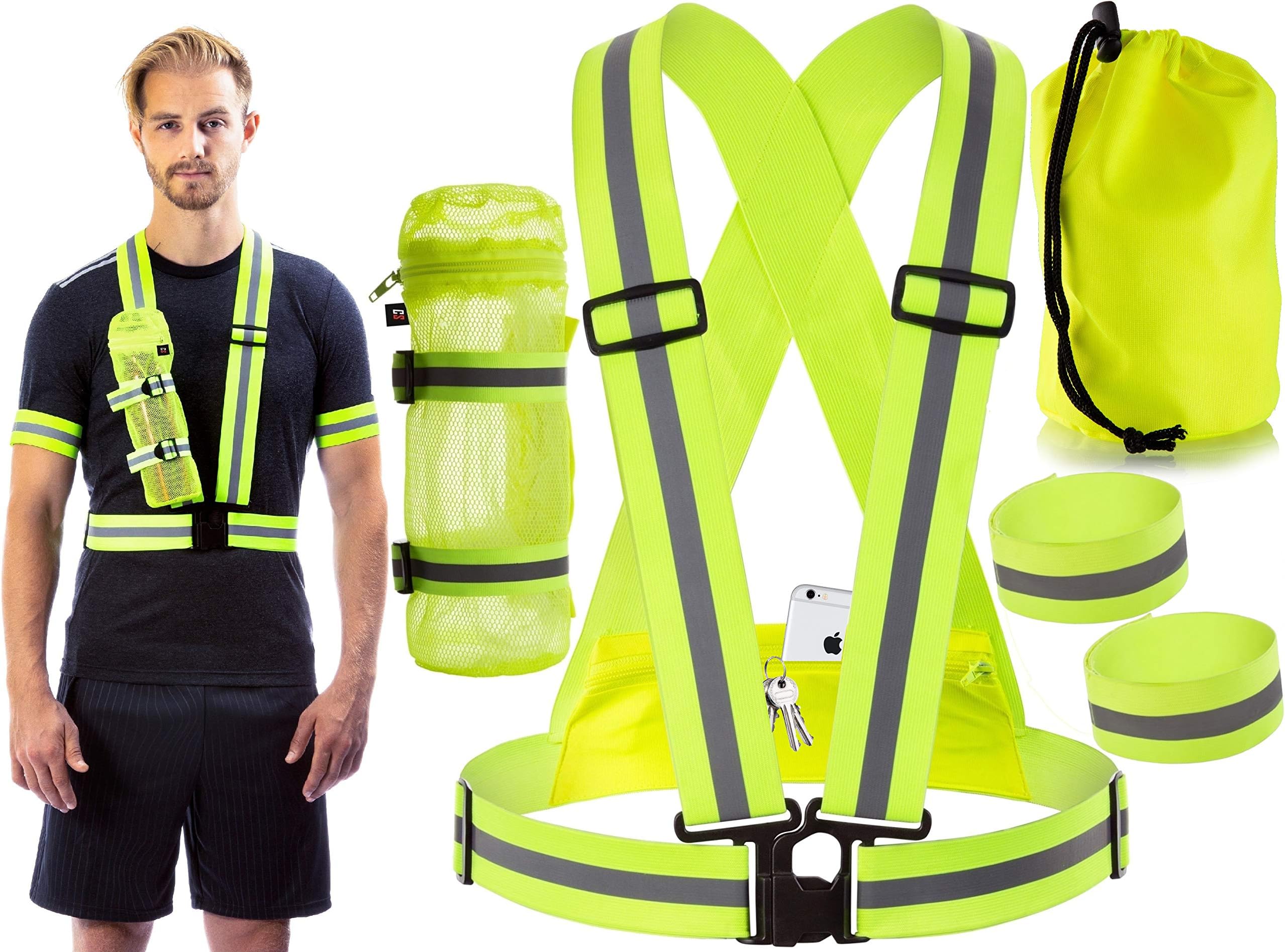 Clinch StarReflective Gear for Running and Cycling at Night with Back Pocket - Removable Water Bottle Holder - Outdoor Reflector Arm Foot Band Set Great Gift
