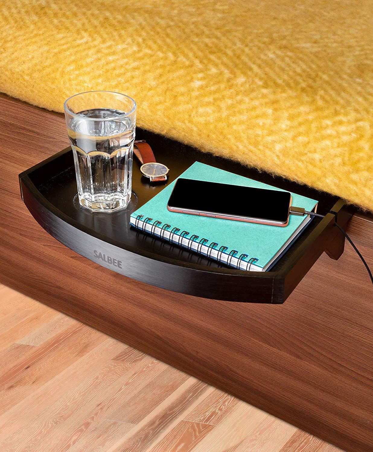Bedside Shelf Nightstand Organizer Caddy By Salbee Floating Bamboo Table Tray With In Built Cup Holder Easy To Attach To Bed Frames A Unique Design With Soft Curved Edges Black Color