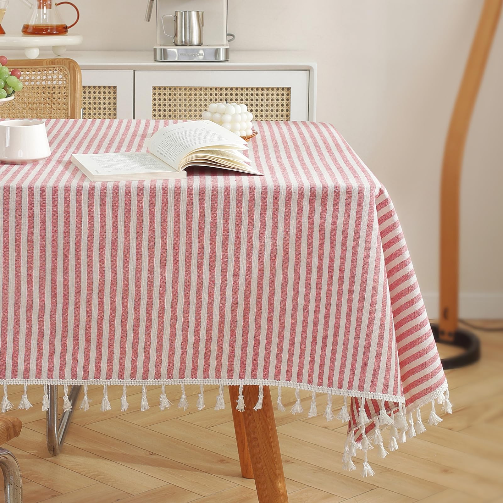meioro Tablecloths Striped Tassel Table Cloth Rectangular Tablecloth Cotton Linen Table Cover Suitable for Home Kitchen Decoration (Red/White Stripes, 140×200cm) — image 1
