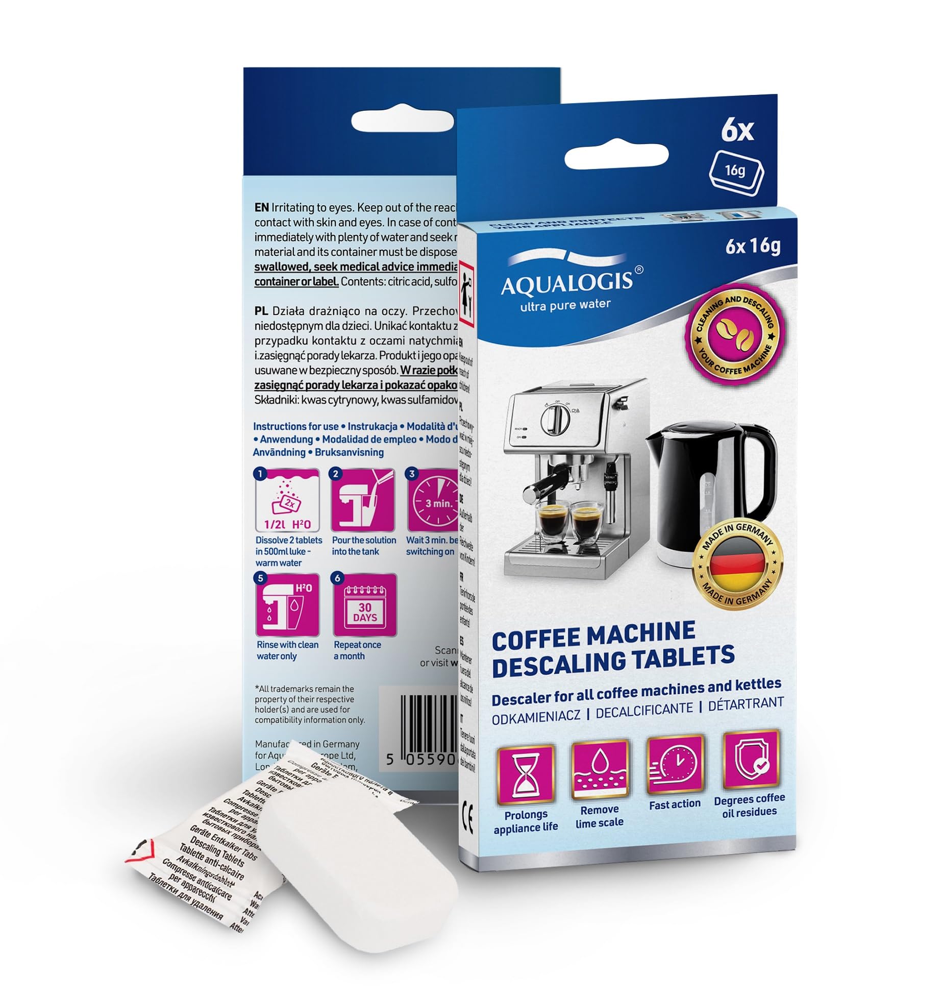 Aqualogis Decalcifier Tablets made For Tassimo Bosch Coffee Pod Capsule Machines (6 Descaling Tablets)