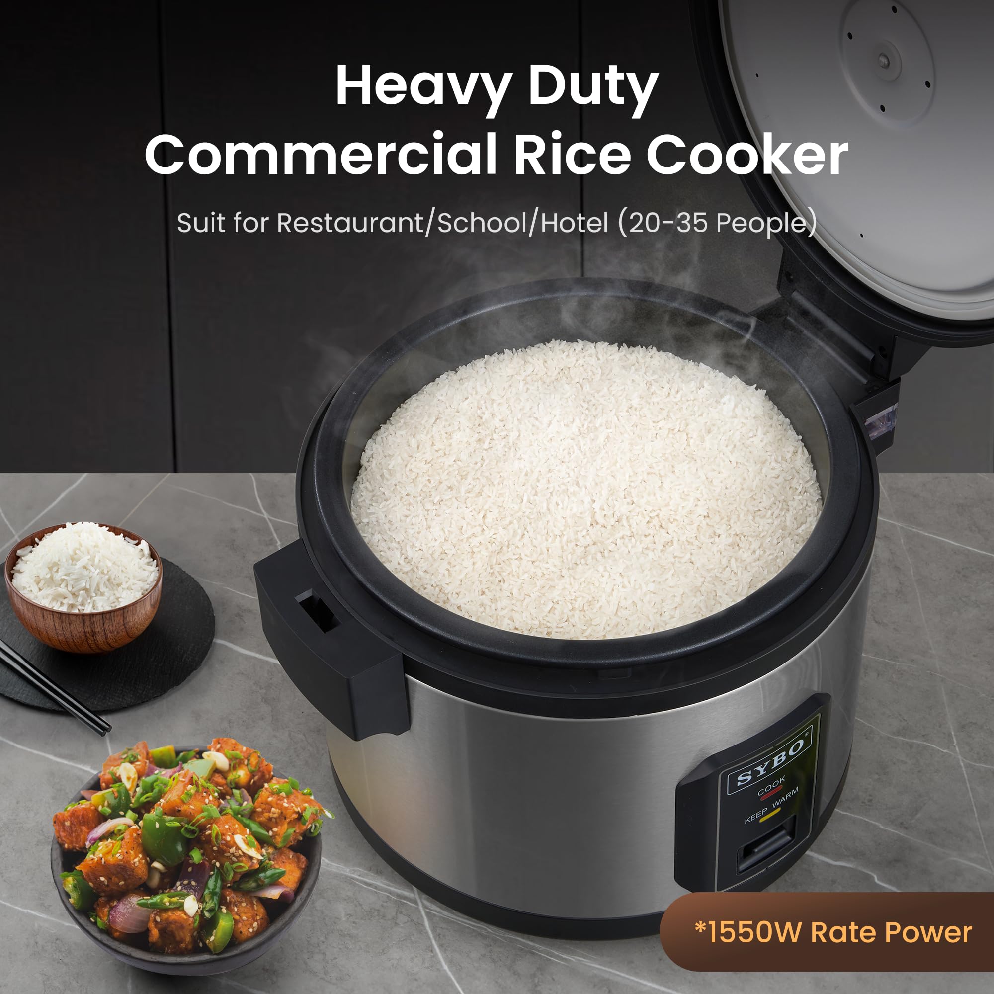 SYBO Commercial Rice Cooker and Warmer, 60 Cups Cooked (30 Cup Uncooked) Large Rice Cooker with Hinged Lid, Non-Stick Insert Pot, Stainless Steel Exterior